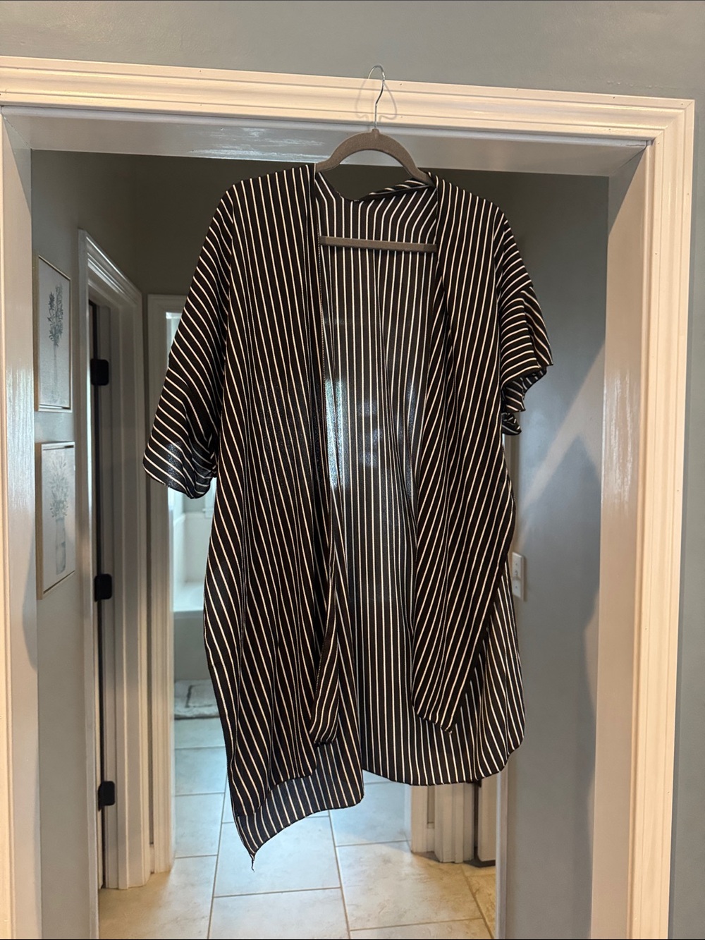 Black and White Striped Open Kimono Cardigan